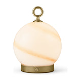 Stockholm LED Rechargeable Outdoor Table Lamp 15cm in Marble Brown, featuring a globe-shaped opal glass shade with amber marbling on a brass base with a ring handle, shown on a white background.