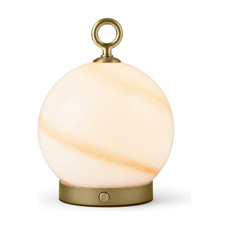Stockholm LED Rechargeable Outdoor Table Lamp 15cm in Marble Brown, featuring a globe-shaped opal glass shade with amber marbling on a brass base with a ring handle, shown on a white background.