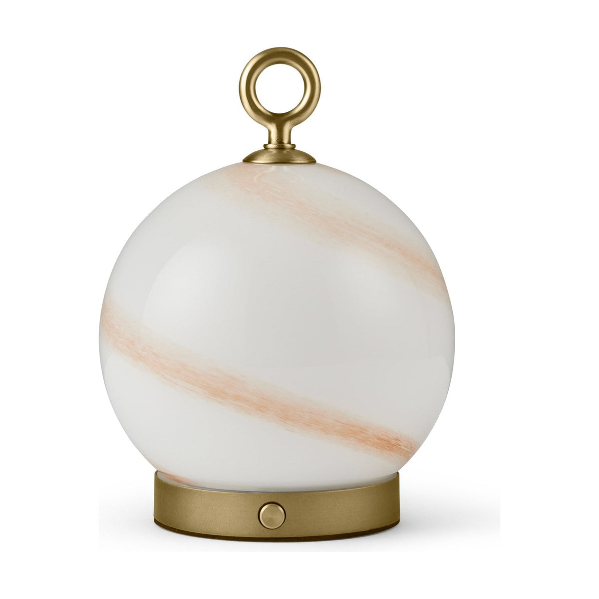 Stockholm LED Rechargeable Outdoor Table Lamp 15cm in Marble Brown, an opal glass globe with amber marbling on a brass base with control button and brass ring handle, shown on a white background.
