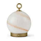 Stockholm LED Rechargeable Outdoor Table Lamp 15cm in Marble Brown, an opal glass globe with amber marbling on a brass base with control button and brass ring handle, shown on a white background.