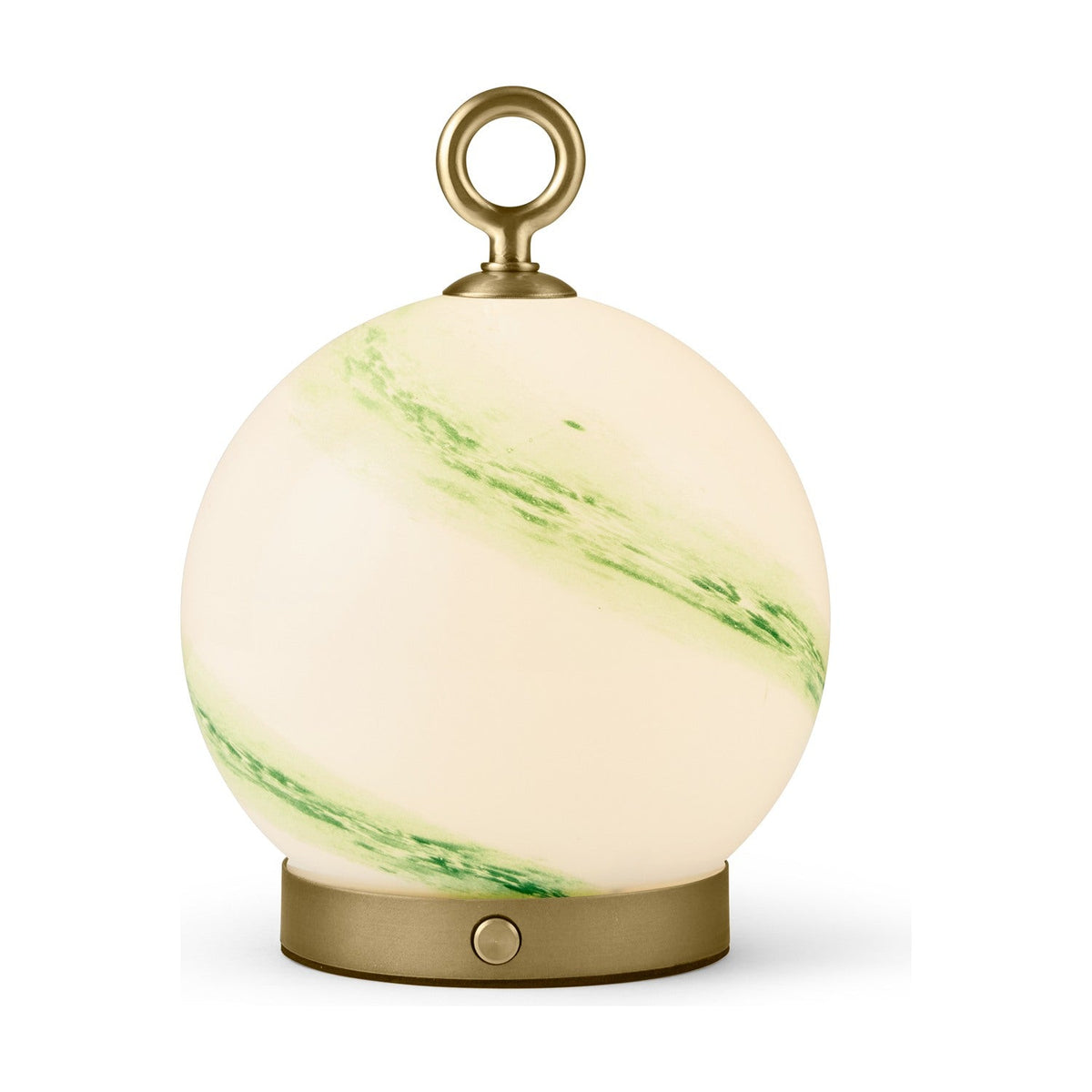 Stockholm 15cm LED rechargeable outdoor table lamp in Marble Green, an opal glass globe with green marbling on a brass base with control button and loop handle.