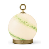 Stockholm 15cm LED rechargeable outdoor table lamp in Marble Green, an opal glass globe with green marbling on a brass base with control button and loop handle.
