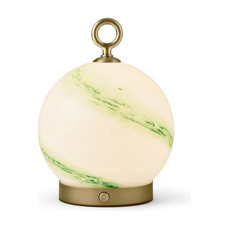 Stockholm 15cm LED rechargeable outdoor table lamp in Marble Green, an opal glass globe with green marbling on a brass base with control button and loop handle.