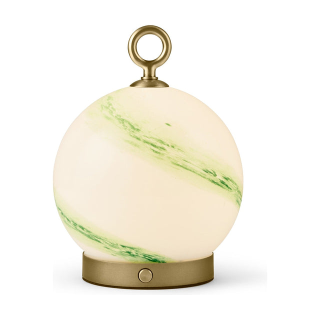 Stockholm 15cm LED rechargeable outdoor table lamp in Marble Green, an opal glass globe with green marbling on a brass base with control button and loop handle.
