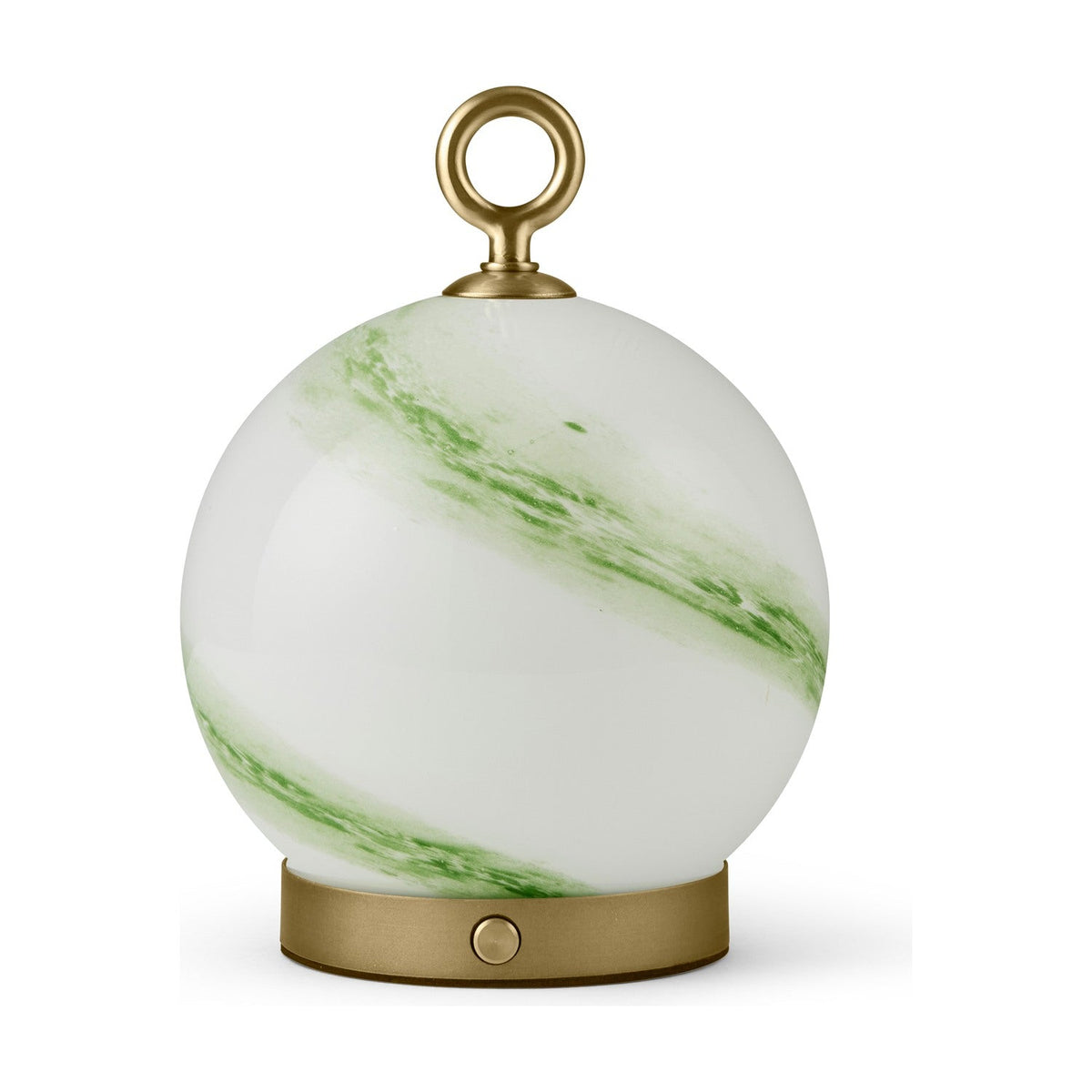 Stockholm 15cm LED rechargeable outdoor table lamp in Marble Green, with a spherical opal glass shade, brass base, control button, and top ring handle.