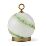 Stockholm 15cm LED rechargeable outdoor table lamp in Marble Green, with a spherical opal glass shade, brass base, control button, and top ring handle.