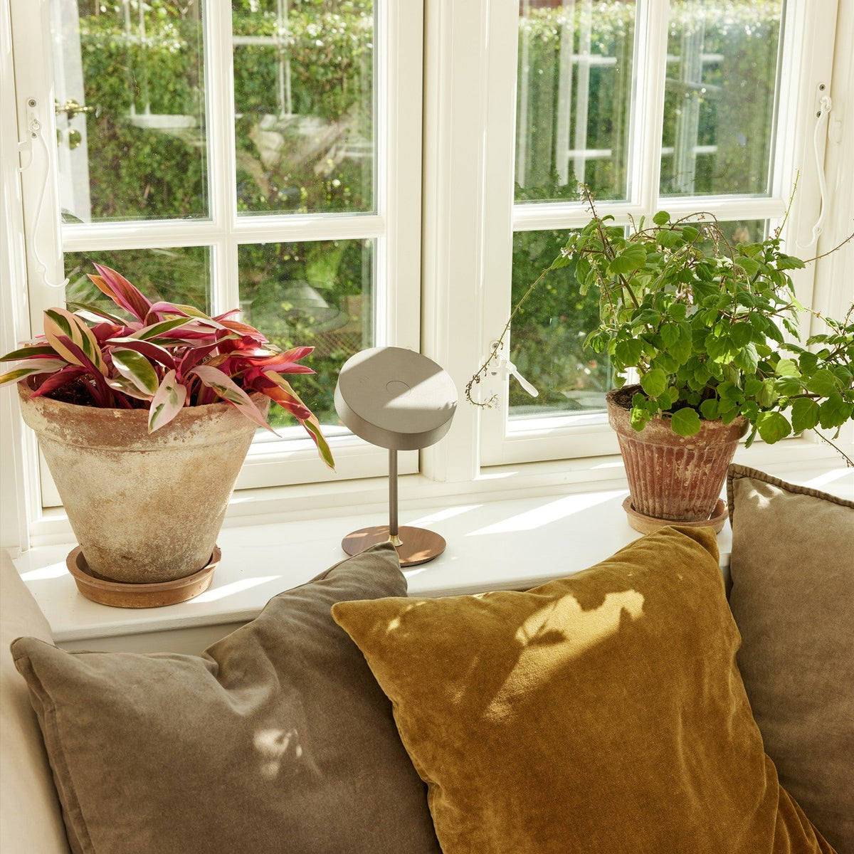 On the Move LED Rechargeable Table Lamp in white with round drum shade on slim stem, shown on a windowsill beside potted plants and cushions.