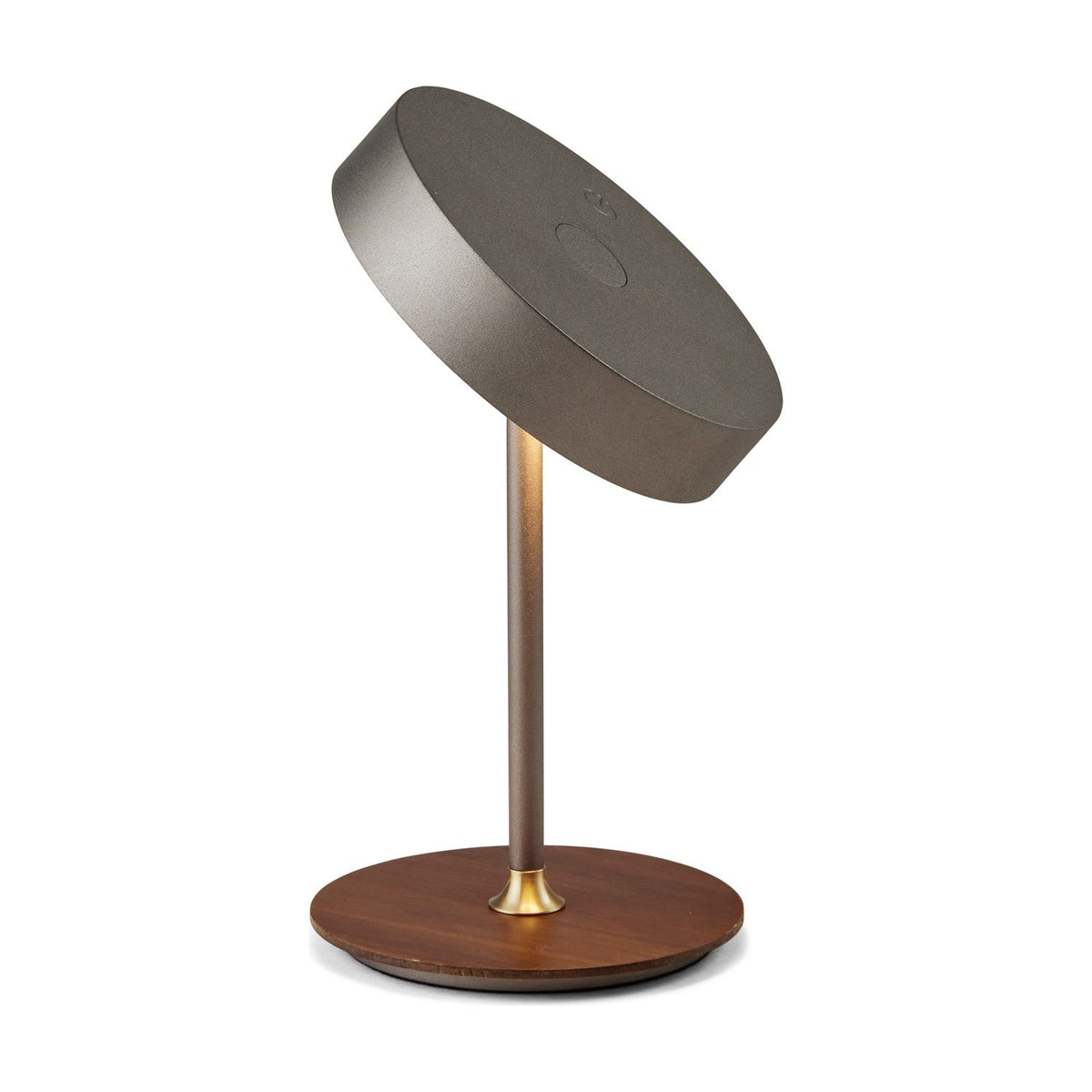 On the Move LED rechargeable table lamp, 13cm, with a tilted gunmetal drum shade on a slim stem and round walnut base with brass collar, shown on a plain white background.