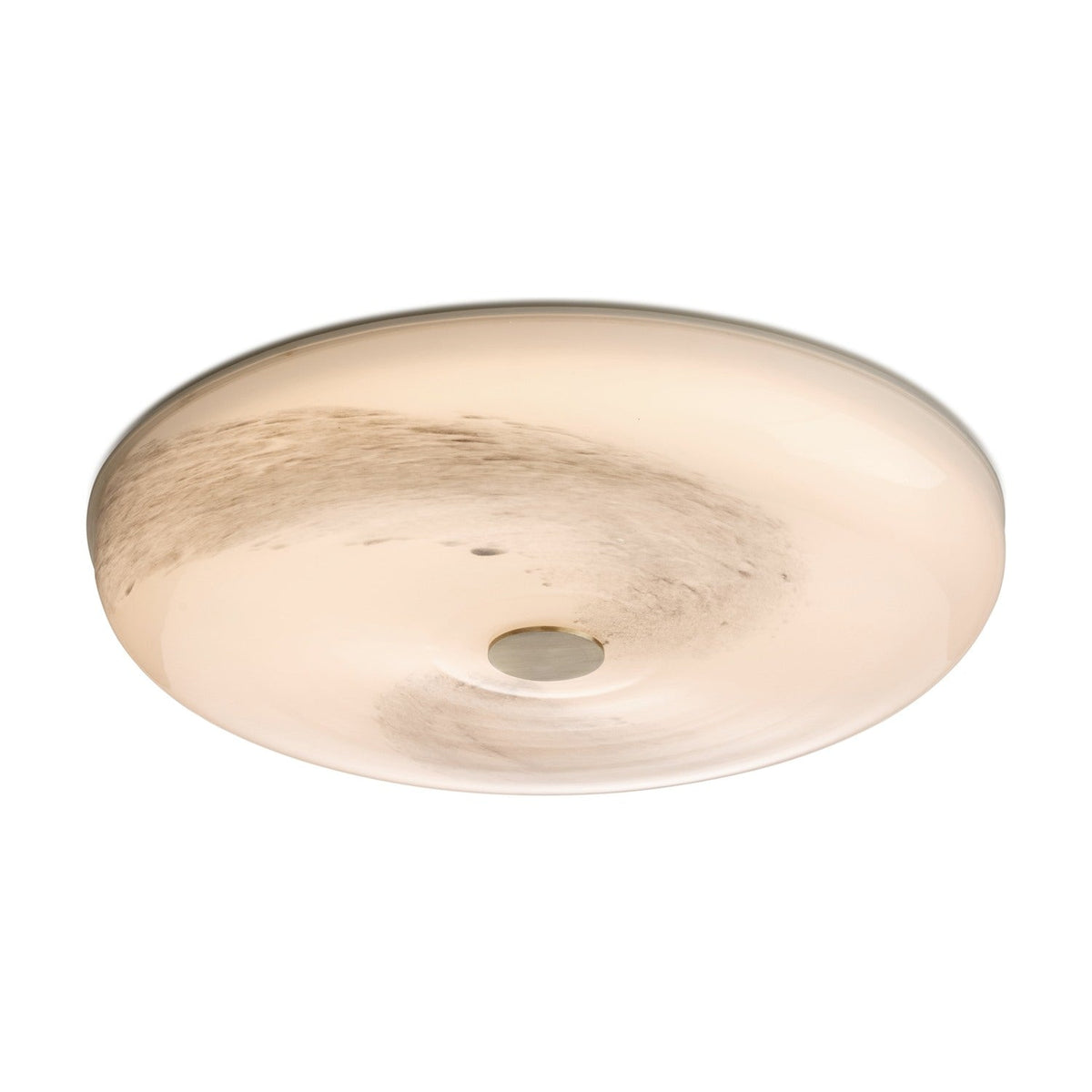 Stockholm LED Dimmable Flush Ceiling Light in grey, a shallow opal glass dome with swirling grey-brown marbling and a central brushed metal boss, shown on a plain white background.