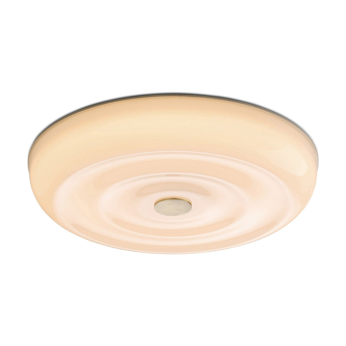 Wave LED Dimmable Flush Ceiling Light in opal glass, a round disc with concentric ripple rings and a small central metal boss, shown on a plain white background.