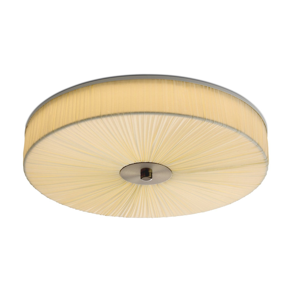 String LED 3-Step Flush Ceiling Light 37cm in natural cream pleated fabric with fan-radiating underside and central metal boss, shown on a white background.