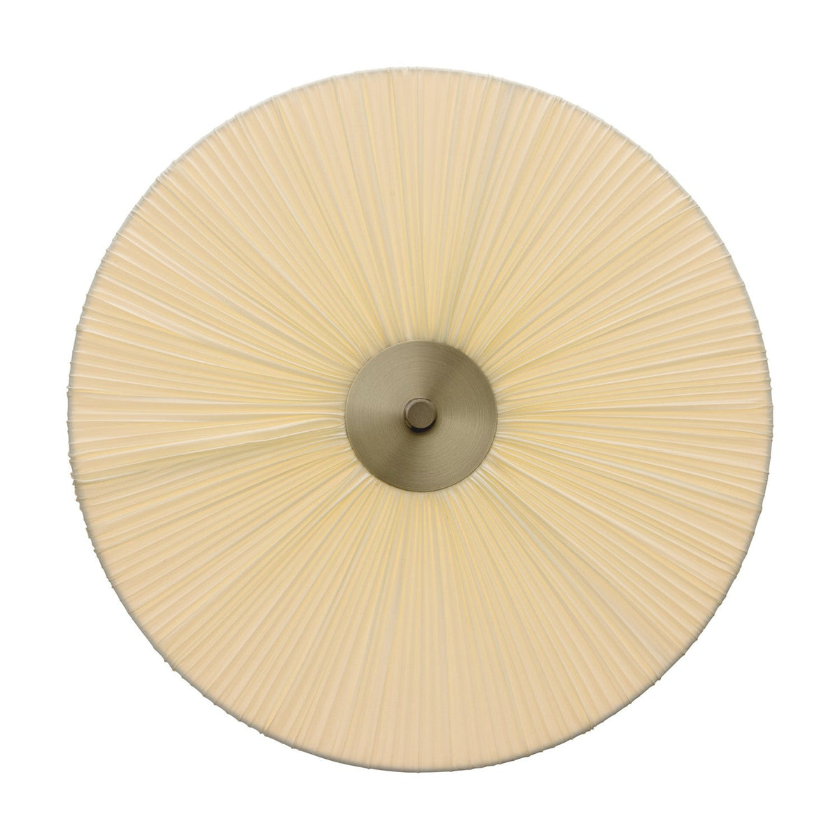 String LED 3-Step Flush Ceiling Light 37cm in natural, showing finely pleated cream fabric radiating from a central brass boss, viewed from below on a plain white background.