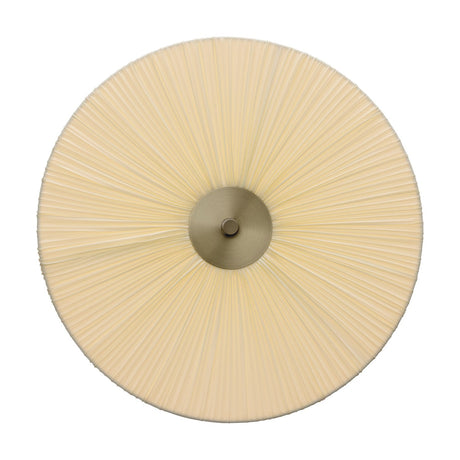 String LED 3-Step Flush Ceiling Light 37cm in natural, showing finely pleated cream fabric radiating from a central brass boss, viewed from below on a plain white background.
