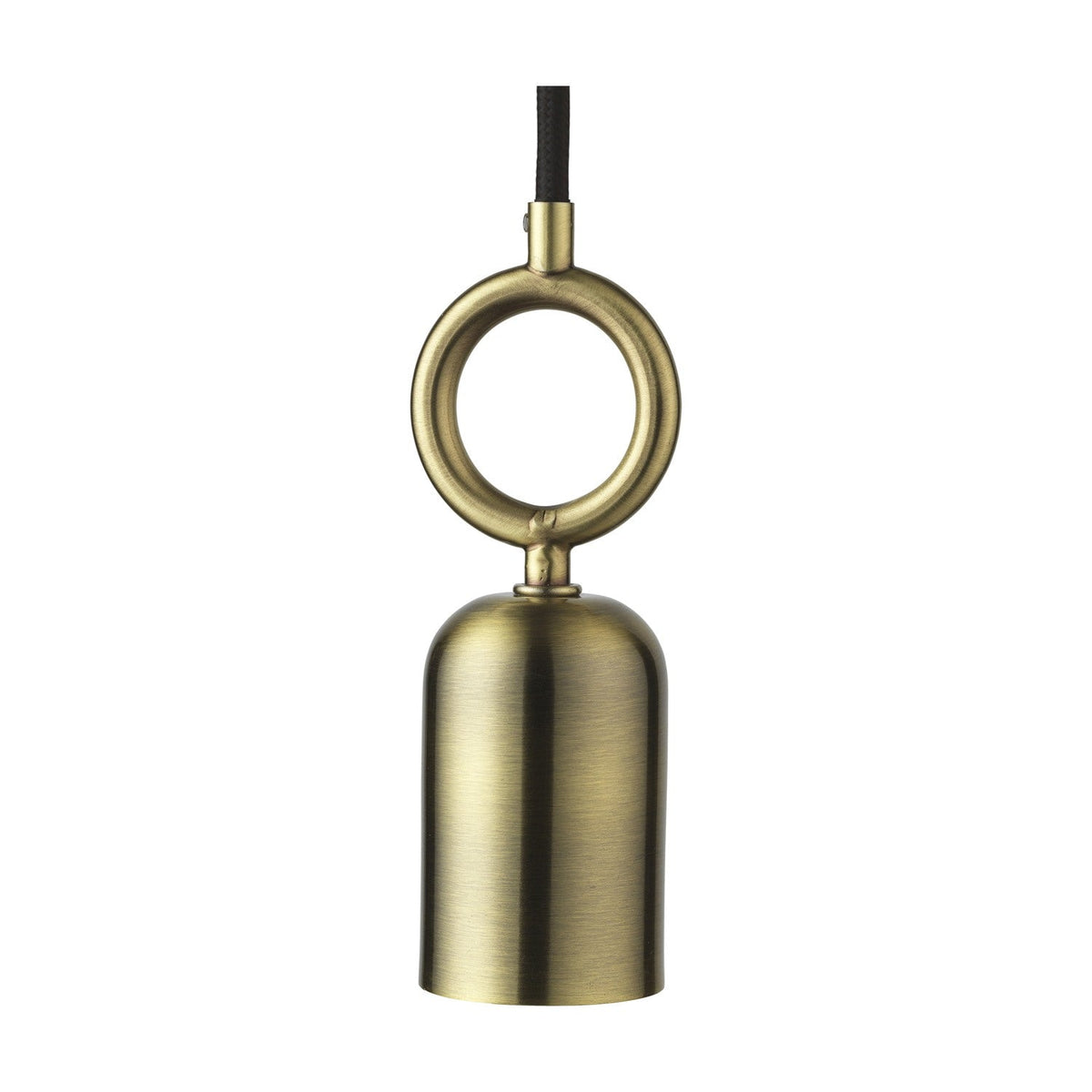 Stockholm Cableset Pendant Cord Set with a brass, cup-shaped E27 lampholder and large open ring handle above, black fabric cable, shown on a plain white background.