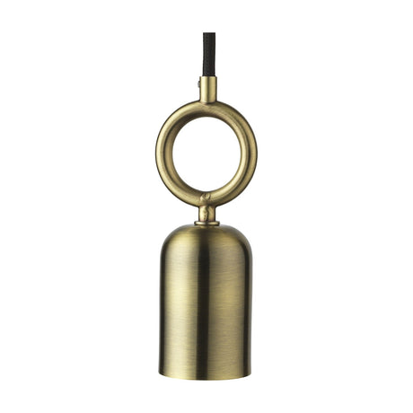 Stockholm Cableset Pendant Cord Set with a brass, cup-shaped E27 lampholder and large open ring handle above, black fabric cable, shown on a plain white background.