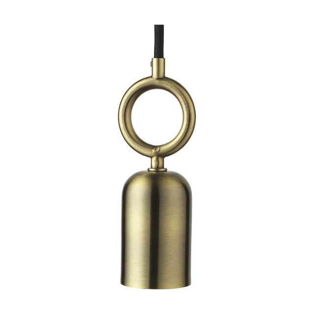 Stockholm Cableset Pendant Cord Set with a brass, cup-shaped E27 lampholder and large open ring handle above, black fabric cable, shown on a plain white background.