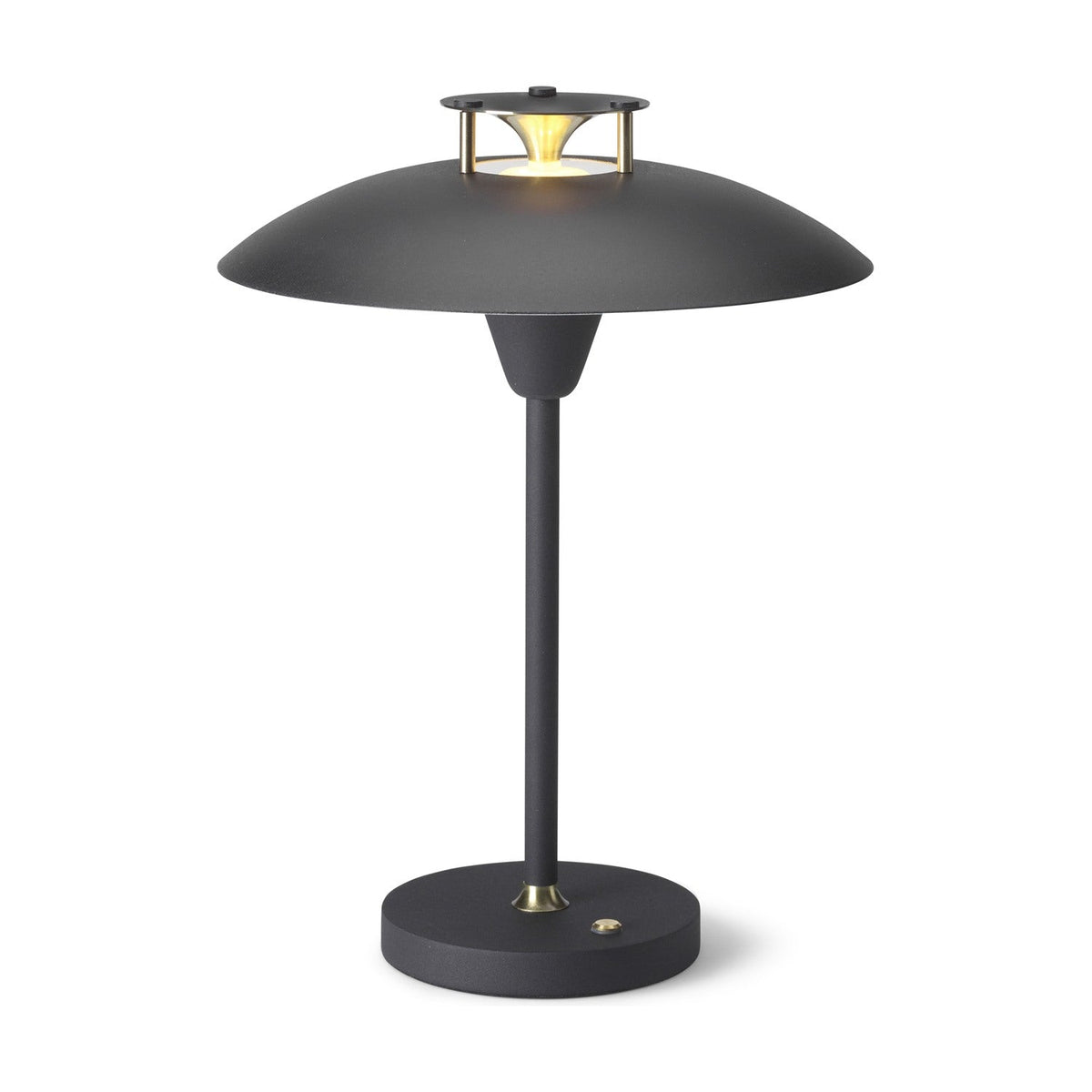 Stepp LED Outdoor Table Lamp in black, with a wide flat disc shade, brass cap and cone detail on top, slim stem, and round base, shown on a plain white background.