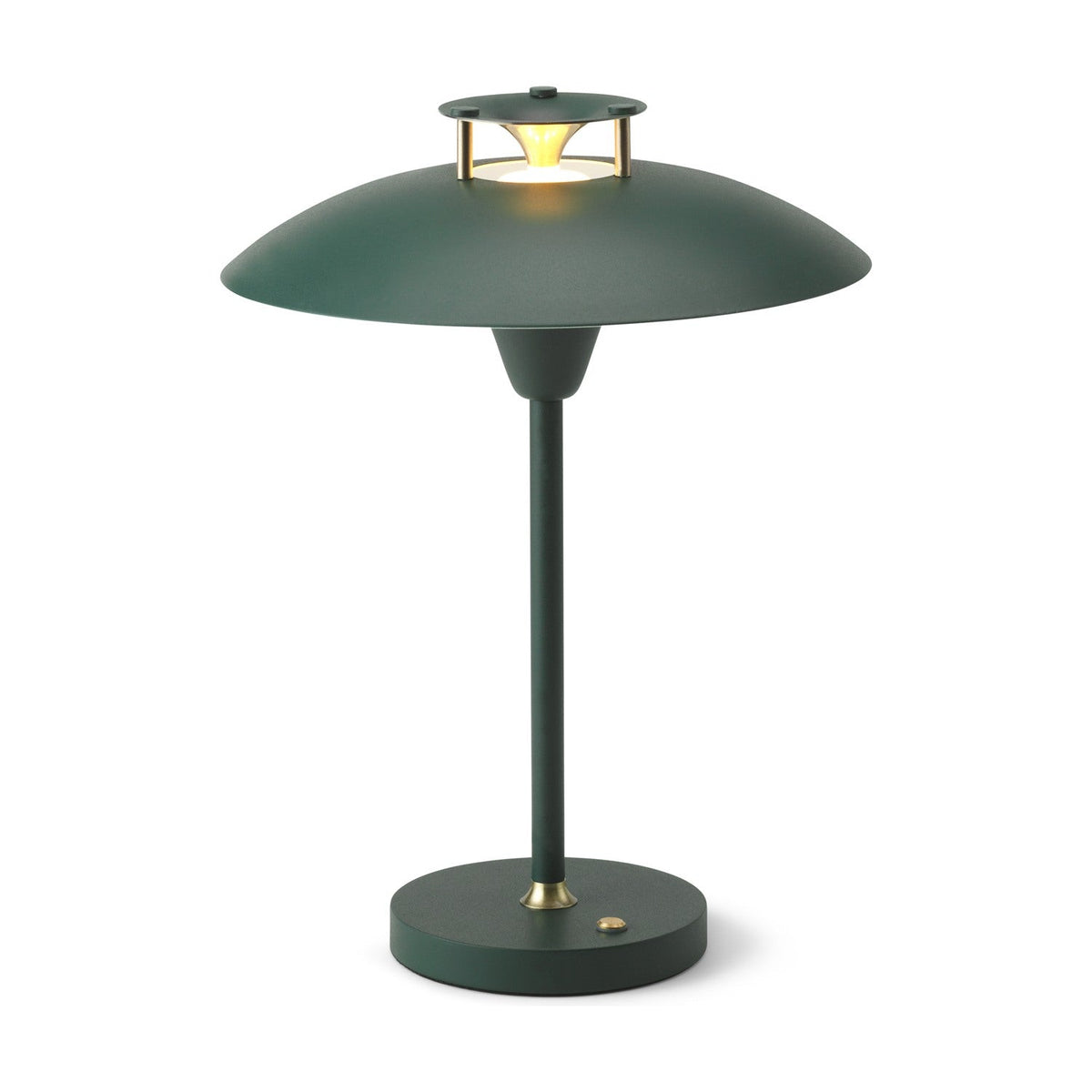 Stepp LED Outdoor Table Lamp in dark green, with a wide flared disc shade, brass accents, slim stem, and round base with power button, on a white background.