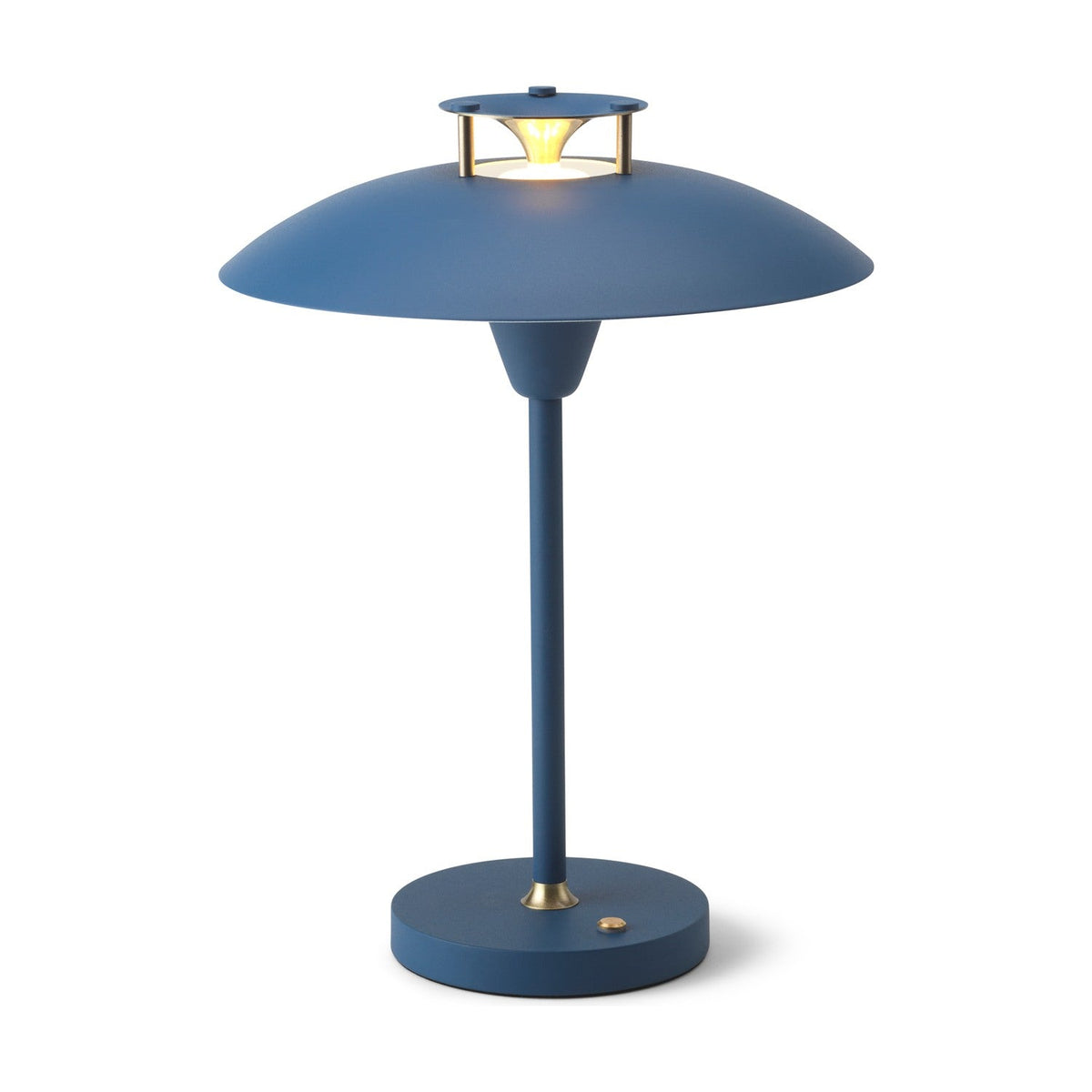 Stepp LED Outdoor Table Lamp in dark blue with a wide shallow disc shade, brass accents at the top cap, slim stem, and round base on a plain white background.
