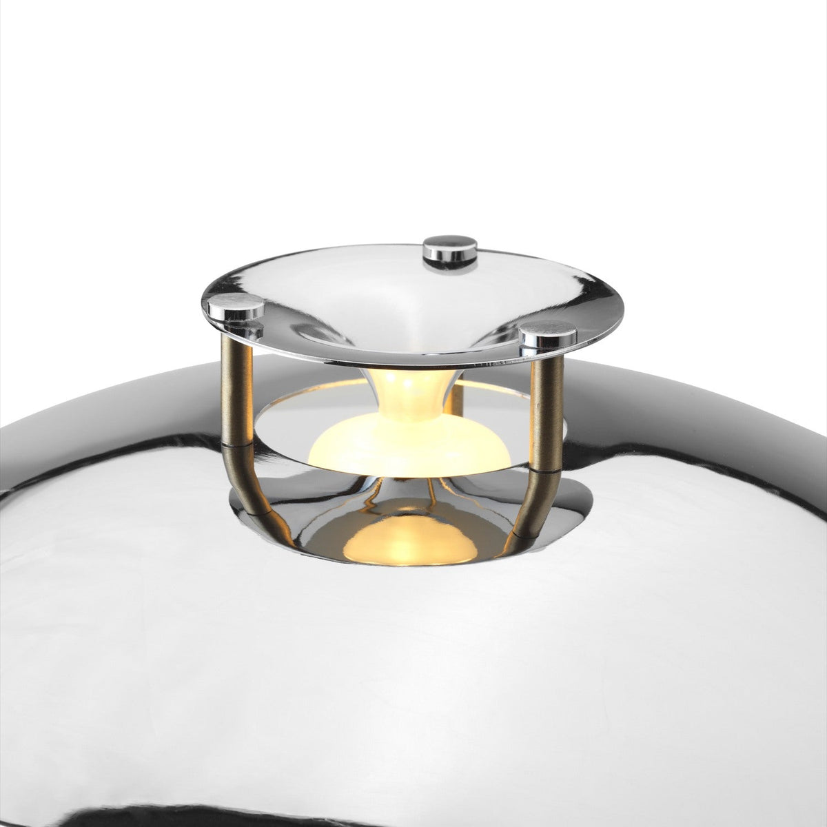 Close-up of the Stepp LED Outdoor Table Lamp in chrome, showing the shallow flared disc, stepped cap on posts, and warm LED glow, against a plain white background.
