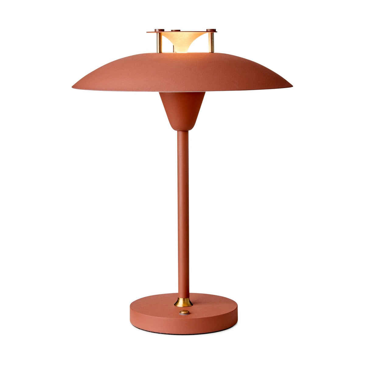 Stepp LED Outdoor Table Lamp in terracotta, with a wide shallow disc shade, stepped cap on brass posts, slim stem, and round base, shown on a plain white background.