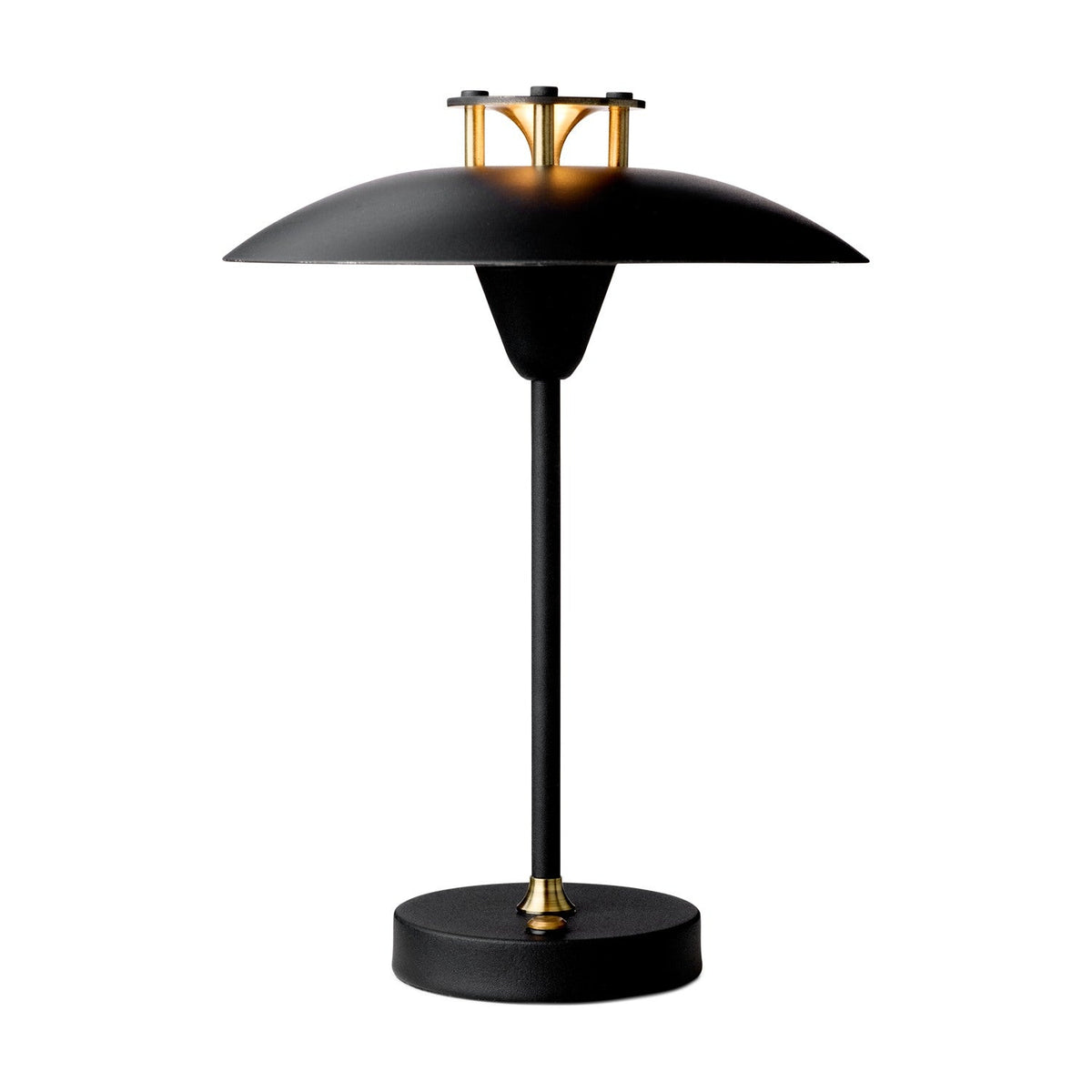 Mini Stepp LED Outdoor Table Lamp in black, with a wide flat disc shade, slim tapered stem, round base, and brass accents at the hub and base collar, shown on a white background.