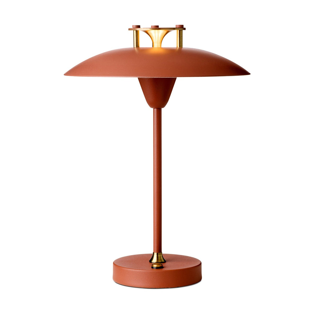 Terracotta Mini Stepp LED outdoor table lamp with wide disc shade, slim stem, round base, and brass fin and collar accents, on a white background.