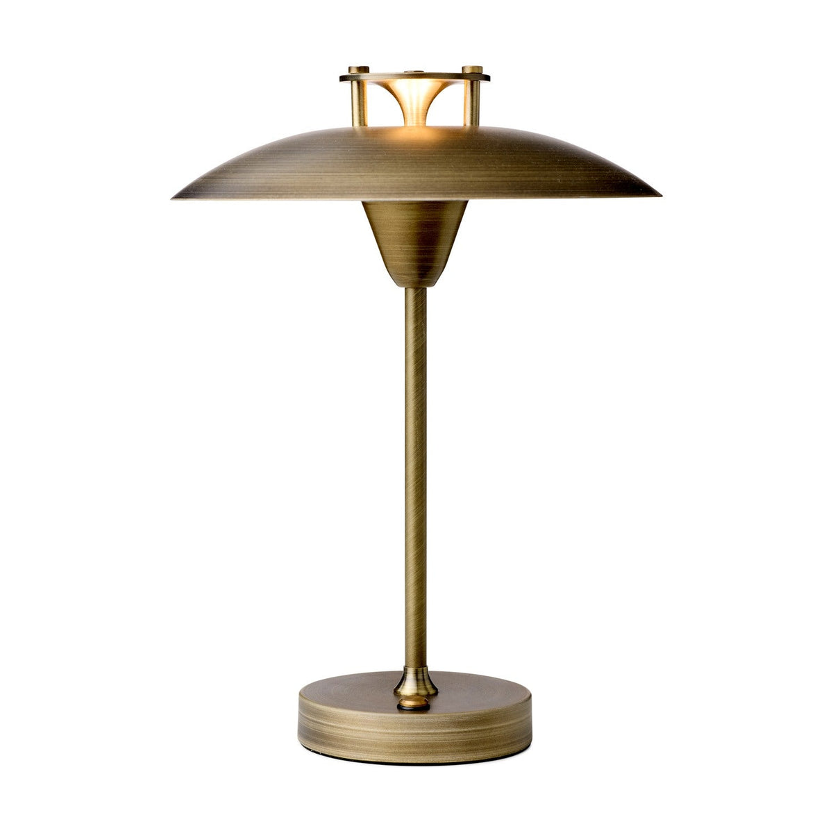 Mini Stepp LED Outdoor Table Lamp in antique brass with a wide shallow disc shade, stepped cap emitting a ring of light, slim stem and round base, shown on a plain white background.