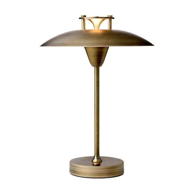 Mini Stepp LED Outdoor Table Lamp in antique brass with a wide shallow disc shade, stepped cap emitting a ring of light, slim stem and round base, shown on a plain white background.