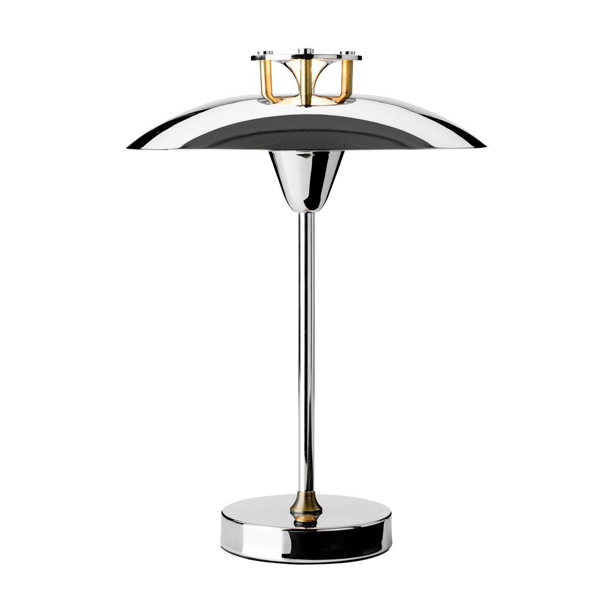 Mini Stepp LED Outdoor Table Lamp in chrome, with a wide flat disc shade, stepped cap on brass posts, slim stem and round base, shown on a plain white background.