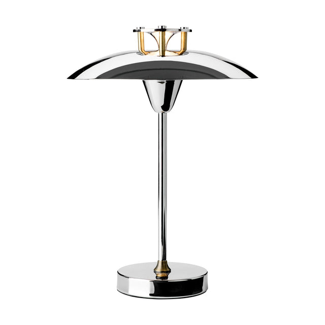 Mini Stepp LED Outdoor Table Lamp in chrome, with a wide flat disc shade, stepped cap on brass posts, slim stem and round base, shown on a plain white background.