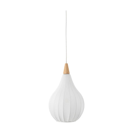 Drops Textile Pendant Light 23cm in white, onion-shaped ribbed fabric shade with pale wood cap and white cable, shown on a plain white background.