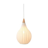 Drops Textile Pendant Light 30cm in white, an onion-shaped opal glass shade with fine grey ribs, pale wood neck cap and white cable, shown lit against a plain white background.