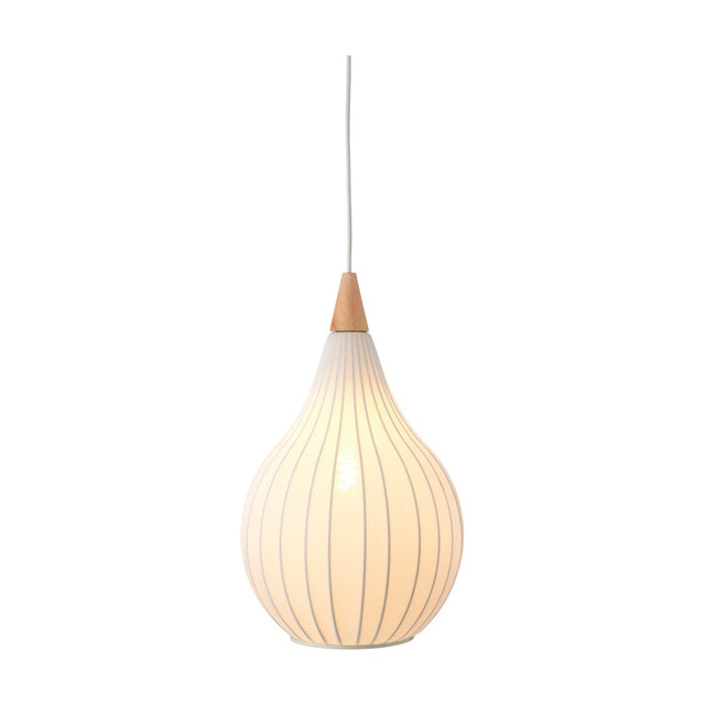 Drops Textile Pendant Light 30cm in white, an onion-shaped opal glass shade with fine grey ribs, pale wood neck cap and white cable, shown lit against a plain white background.