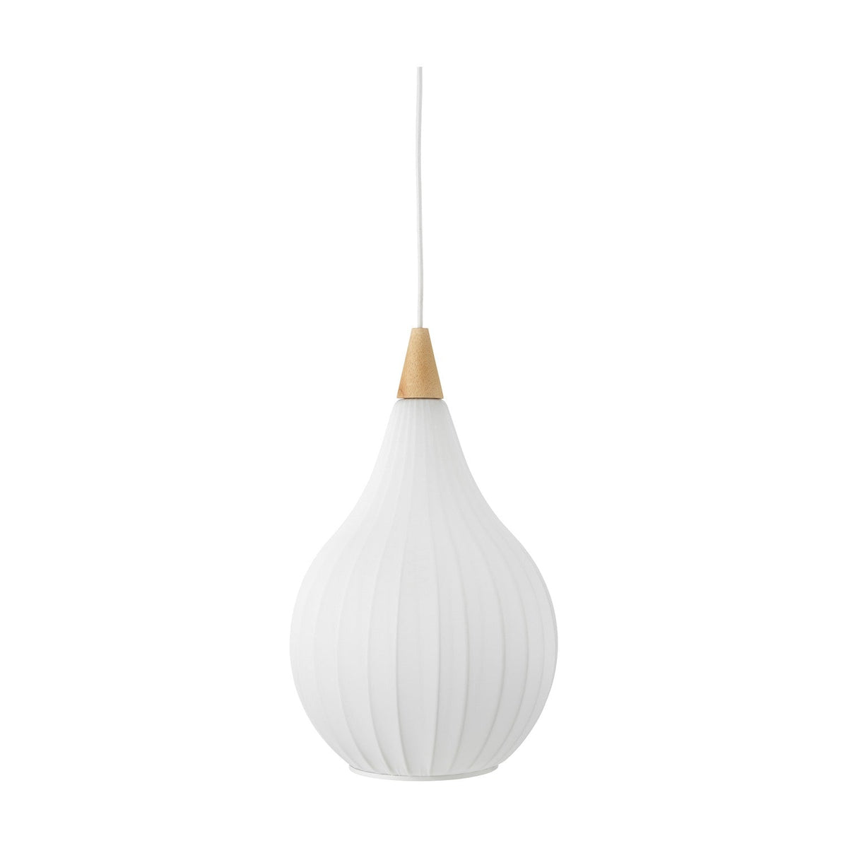 Drops Textile Pendant Light 30cm in white, an onion-shaped opal shade with fine ribbed detailing, a pale wood neck cap, and white cable, shown on a plain background.
