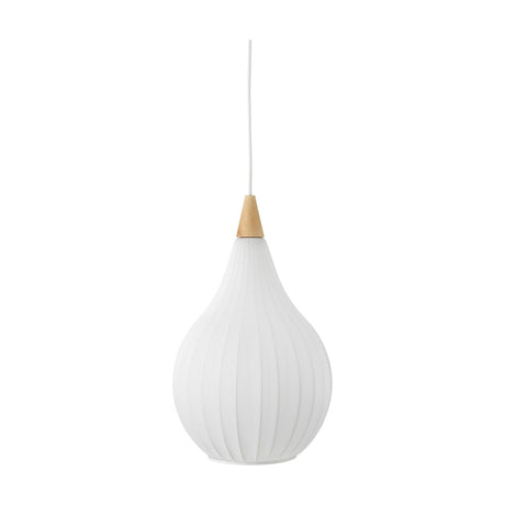 Drops Textile Pendant Light 30cm in white, an onion-shaped opal shade with fine ribbed detailing, a pale wood neck cap, and white cable, shown on a plain background.