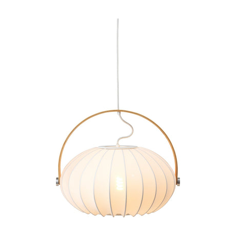 DC Textile Pendant Light 40cm in white fabric with a flattened ribbed shade and satin brass arched handle, hung on a white cable against a plain white background.