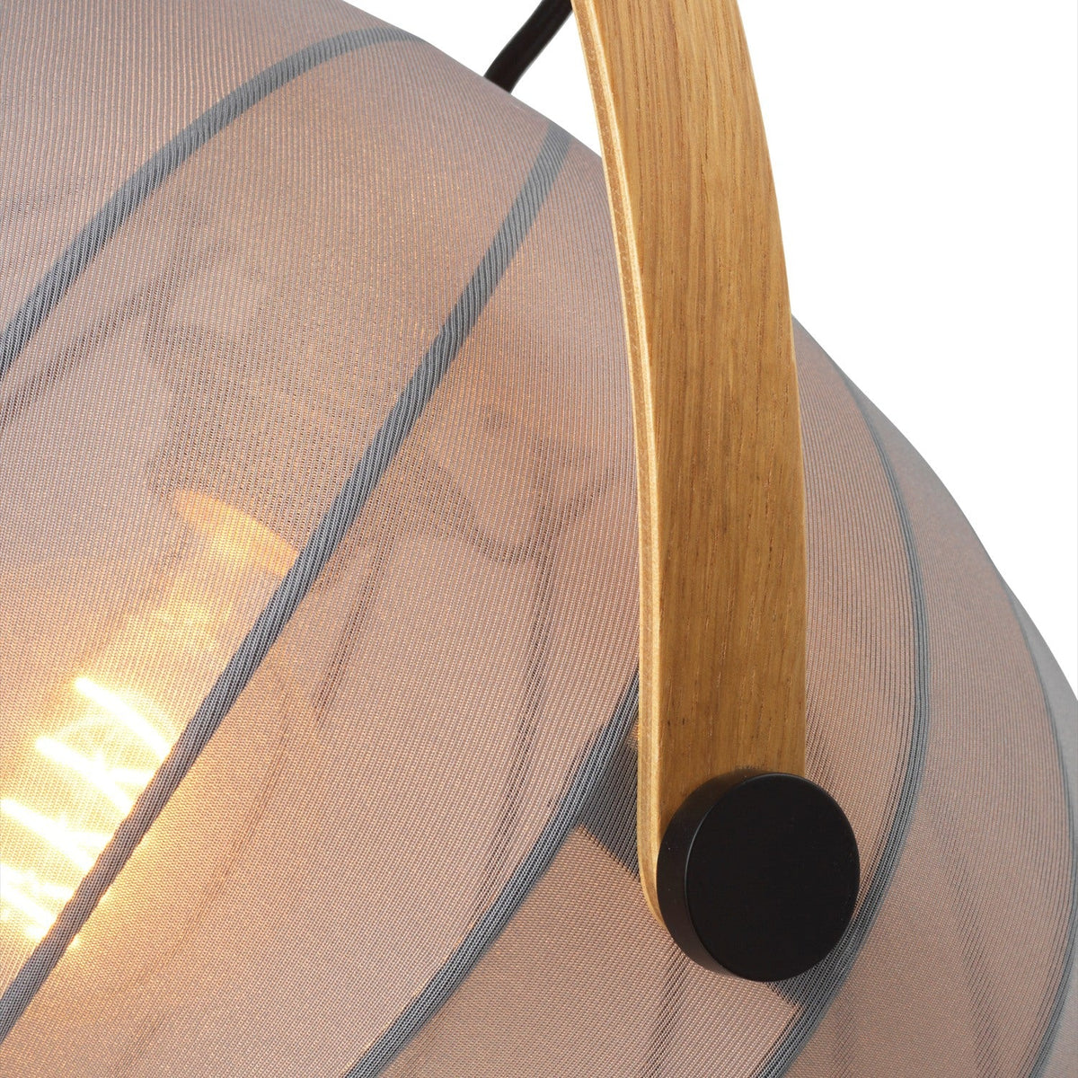 Close-up of the DC Textile Stone Pendant Light 40cm in grey, showing ribbed fabric shade and wooden arched handle fixed with a black disc.