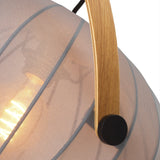 Close-up of the DC Textile Stone Pendant Light 40cm in grey, showing ribbed fabric shade and wooden arched handle fixed with a black disc.