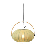 DC Textile Forest Pendant Light 40cm in green fabric, ribbed oval shade with arched pale wood handle and black fixings, E27 bulb visible, on a plain white background.
