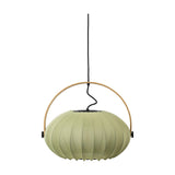 DC Textile Forest Pendant Light 40cm in sage green fabric with ribbed vertical panels, a pale wood arched handle and black disc fittings, on a white background.
