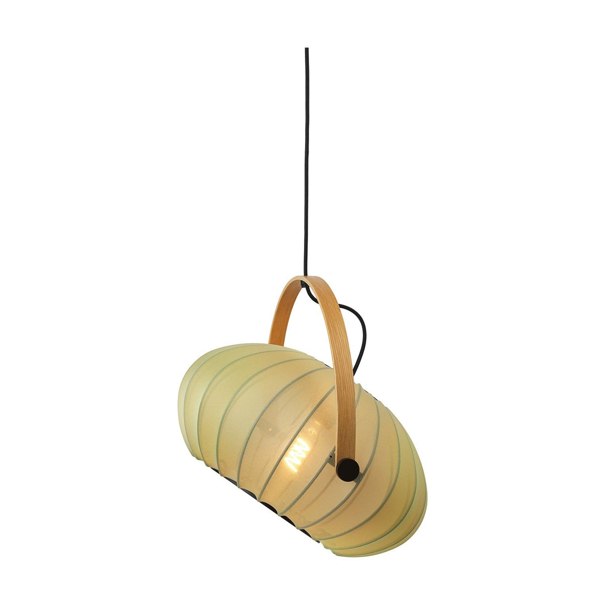 DC Textile Forest Pendant Light 40cm in sage green, a ribbed fabric shade with pale wood handle arching over the top, on a plain white background.