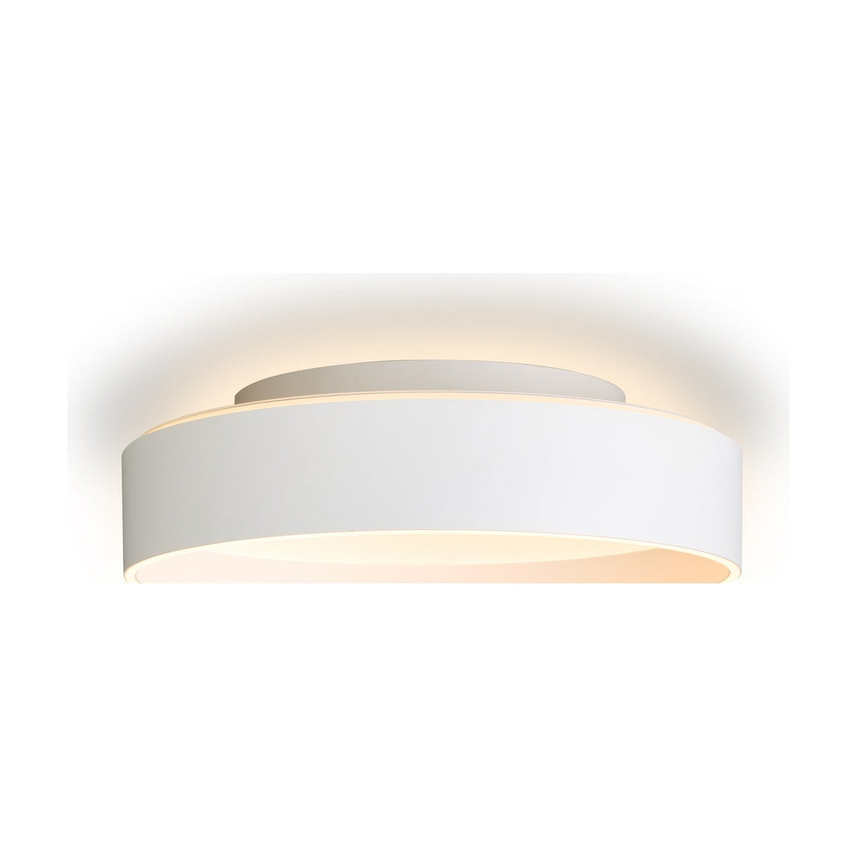 Universal LED 3 Light Flush Ceiling Light 42cm in white, a shallow drum fixture with a raised inner ring casting upward light and a recessed diffuser below, shown on a plain white background.