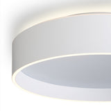 Close-up of the Universal LED 3 Light Flush Ceiling Light 50cm in white, showing its shallow drum shape, straight band, and recessed diffuser glowing from underneath.
