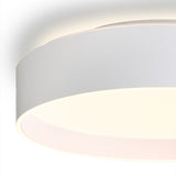 Close-up of the Universal LED 3 Light Flush Ceiling Light 50cm in white, showing the round drum shape, straight band edge and recessed diffuser glowing softly against a plain light background.