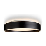 Universal LED 3 Light Flush Ceiling Light 50cm in black, a round drum-shaped fixture with a white diffuser underside and raised white ring casting upward glow, shown on a plain white background.