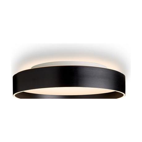 Universal LED 3 Light Flush Ceiling Light 50cm in black, a round drum-shaped fixture with a white diffuser underside and raised white ring casting upward glow, shown on a plain white background.