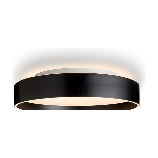 Universal LED 3 Light Flush Ceiling Light 50cm in black, a round drum-shaped fixture with a white diffuser underside and raised white ring casting upward glow, shown on a plain white background.