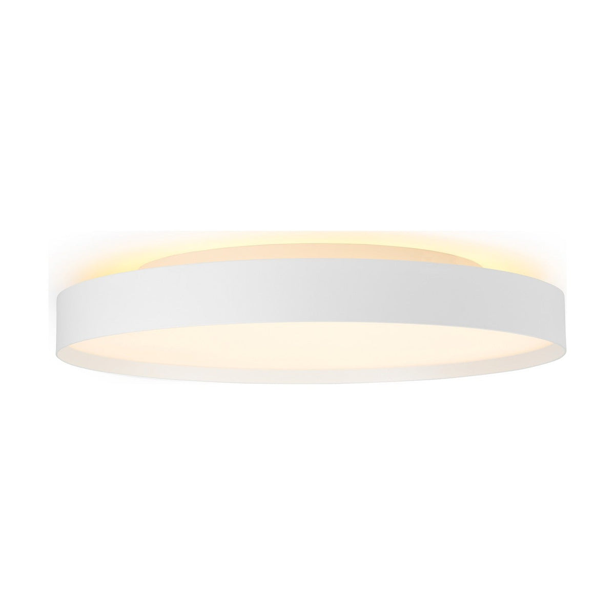LED Plafond Backlight Full flush ceiling light, 50cm white drum with straight band, recessed diffuser and raised ring casting warm uplight, shown on a plain white background.