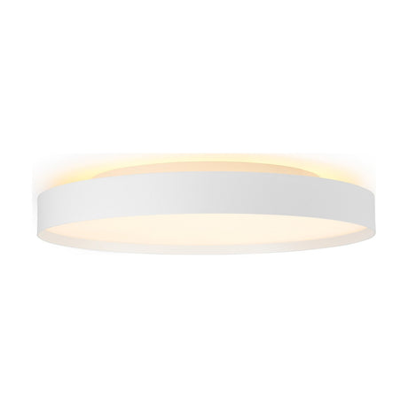 LED Plafond Backlight Full flush ceiling light, 50cm white drum with straight band, recessed diffuser and raised ring casting warm uplight, shown on a plain white background.